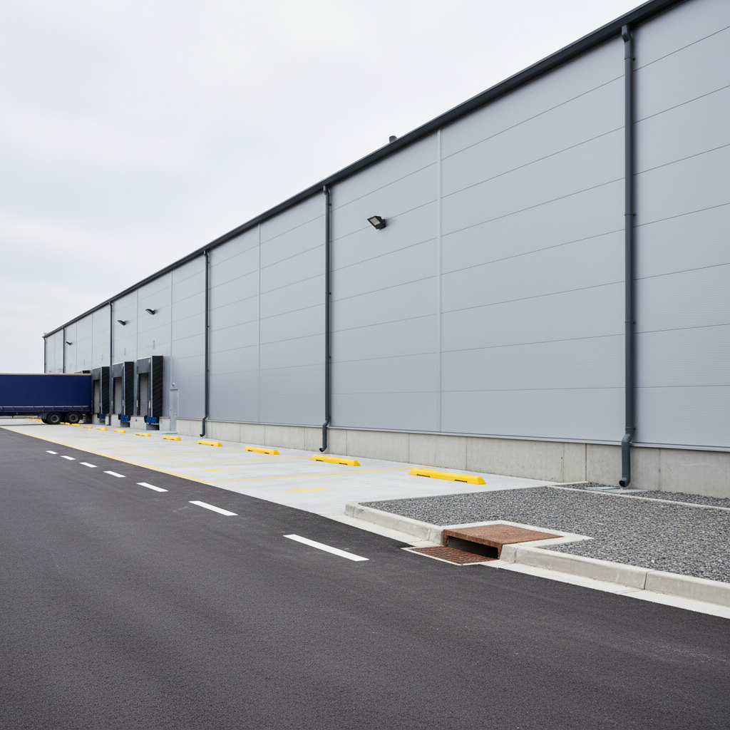 A meticulously maintained industrial warehouse exterior showing expert civil and maintenance work. The building has smooth, freshly painted light-gray metal cladding, precisely installed guttering and downspouts, and a newly resurfaced concrete loading dock with crisp yellow safety markings. LED wall-pack lights are mounted evenly along the facade. The scene is lit by soft overcast daylight that reduces harsh shadows and emphasizes the uniformity of surfaces. Captured from a low, slightly angled perspective to make the structure feel solid and reliable, with the driveway and drainage systems clearly visible in the foreground. The mood is stable, professional, and dependable, in clean photographic realism, ideal for a maintenance and industrial services section.