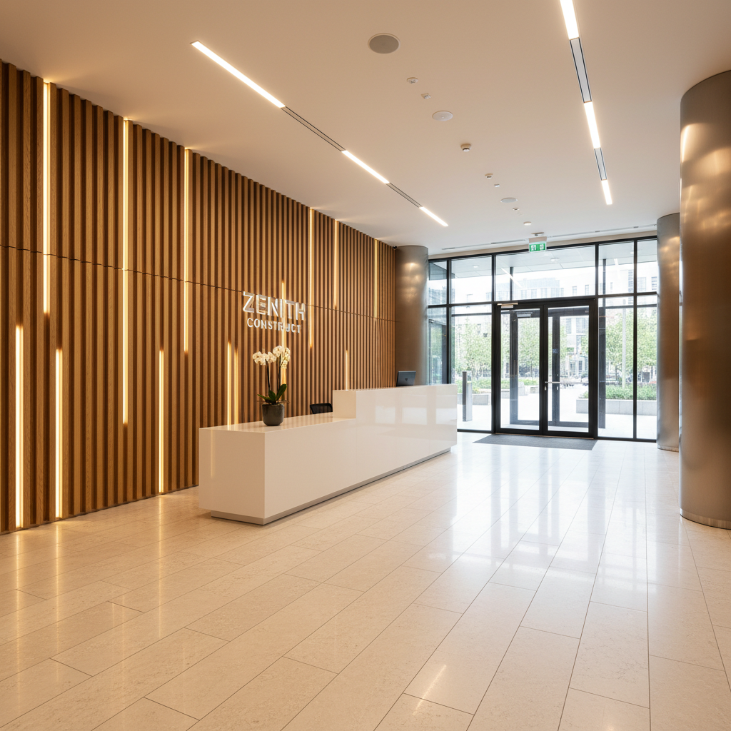 An elegant, newly finished corporate lobby interior highlighting high-end finishing work and architectural design. The space features a large-format porcelain tile floor in a light stone texture, perfectly aligned with narrow grout lines, and a feature wall clad in vertical wood slats with integrated hidden lighting. A sleek, built-in reception counter in white solid surface material anchors the scene. Natural daylight pours in from tall glass doors, complemented by warm recessed ceiling lights that create gentle reflections on polished surfaces. Photographed from a slightly elevated angle with a wide field of view, everything appears crisp and meticulously crafted. The mood is refined, contemporary, and trustworthy, reflecting professional construction, finishing, and maintenance services in photographic realism.