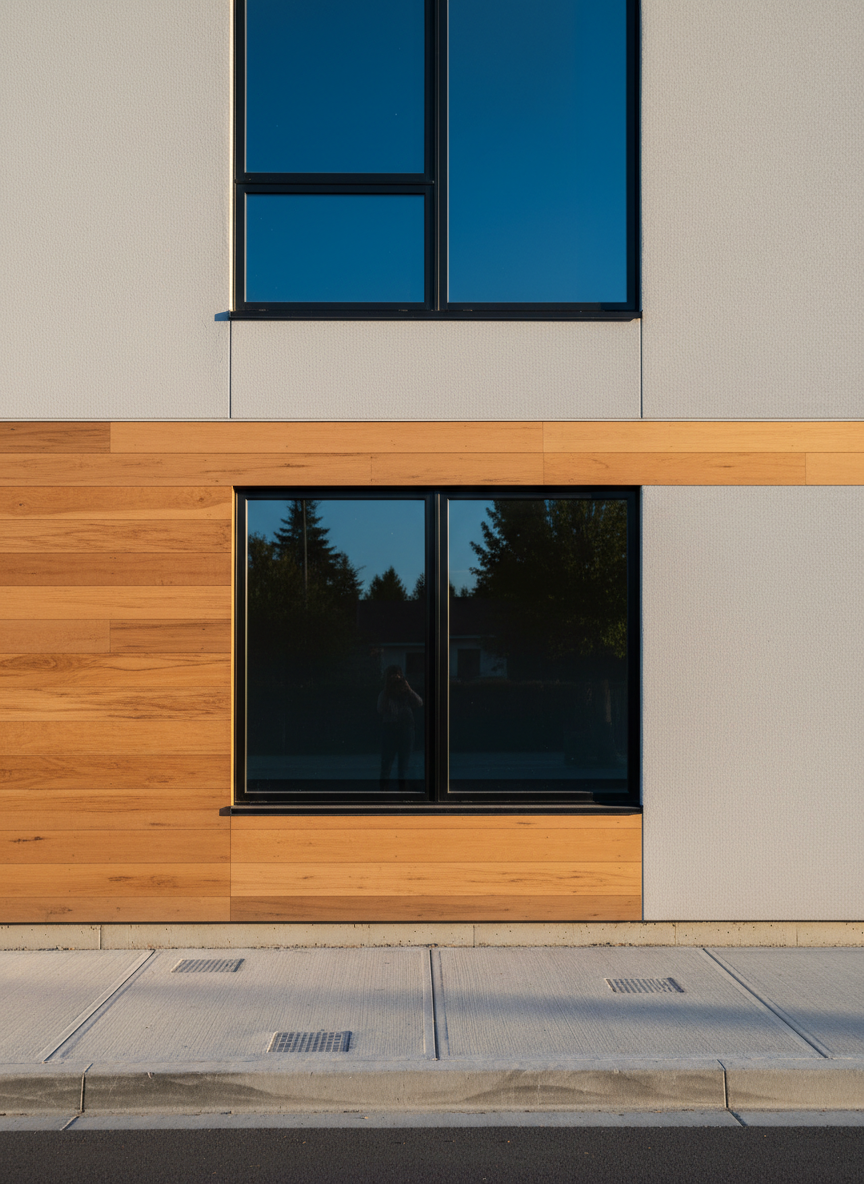 A freshly completed modern residential facade showcasing precise construction and finishing work, with smooth light-gray stucco walls, warm natural wood accents, and large double-glazed windows with black aluminum frames. The building stands on a clean, paved sidewalk with neatly installed drainage grates and a perfectly aligned curb. Late afternoon natural light casts soft, warm highlights on the surfaces, subtly emphasizing textures and straight lines. The composition is photographed at eye level with sharp focus throughout, creating a professional, trustworthy atmosphere. The mood is confident and orderly, reflecting expert construction and maintenance. Photographic realism with a clean, modern aesthetic suitable for a professional construction company homepage hero image.