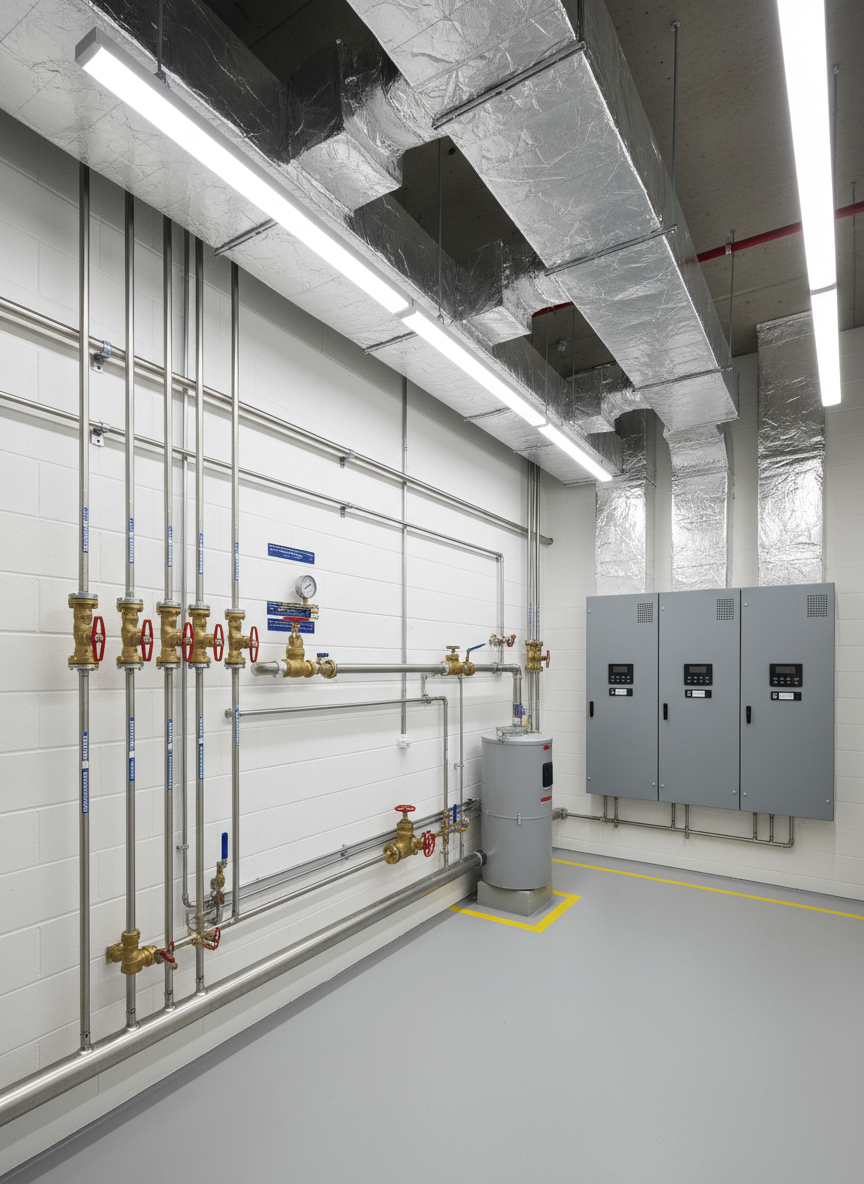 A clean, organized mechanical room featuring meticulously installed plumbing, electrical, and HVAC systems. Stainless steel pipes run in perfectly parallel lines along a white painted wall, with neatly labeled valves and polished brass fittings. Modern electrical panels with closed, tidy fronts are mounted beside insulated ventilation ducts wrapped in reflective foil. Overhead LED strip lighting provides bright, even illumination, creating crisp highlights on metal surfaces and minimal shadows. Captured from a slightly wide-angle perspective to show the full installation, with sharp focus on every detail. The atmosphere is technical, precise, and highly professional, emphasizing expert installations and preventive maintenance in a realistic photographic style for an engineering-focused construction page.