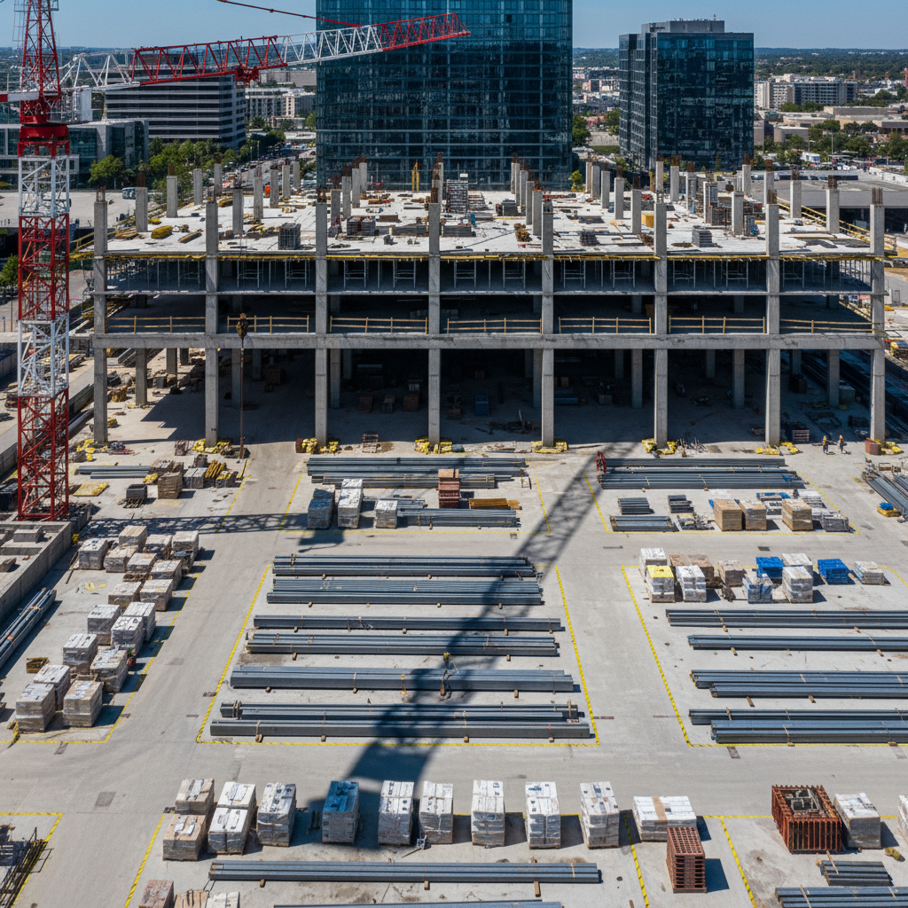 An expansive bird’s-eye view of an active construction site for a mid-rise commercial building, captured without any workers present. Reinforced concrete slabs, neatly stacked steel beams, organized pallets of materials, and clearly marked safety pathways fill the scene. A large tower crane stands at the edge of the frame, its arm casting a long shadow across the structured grid of columns and beams. The image is bathed in bright, clear midday sunlight, creating strong contrasts and defined shadows that highlight geometric patterns. The composition emphasizes order, planning, and scale, with sharp focus across the entire frame. The mood conveys professionalism, capability, and control, presented in a realistic photographic style suitable for showcasing complex construction project management.