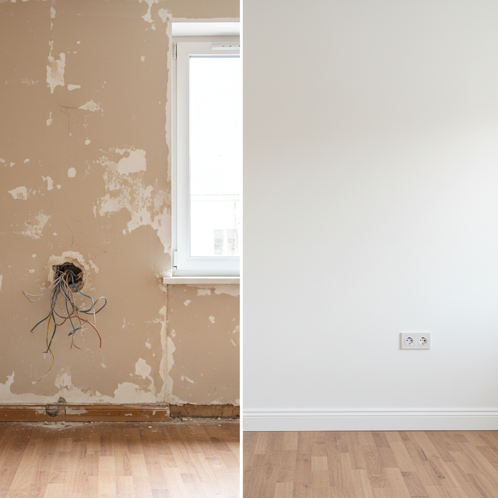 A detailed before-and-after comparison of a renovated apartment interior wall, divided vertically down the center. On the left, cracked plaster, exposed wiring, and dull, uneven paint; on the right, flawless smooth drywall, crisp white paint, precisely installed electrical outlets, and perfectly aligned baseboards. The setting is a bright living room with laminated wood flooring and a newly installed energy-efficient window in the background. Soft, diffused daylight enters from the right, enhancing the contrast between old and new. Shot at eye level with balanced composition and clear separation between both halves. The mood communicates transformation, reliability, and professional workmanship, in a photographic realistic style ideal for showcasing maintenance and remodeling services.